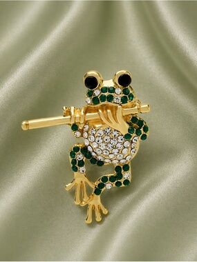 Musical Frog Green Crystal Gold Brooch